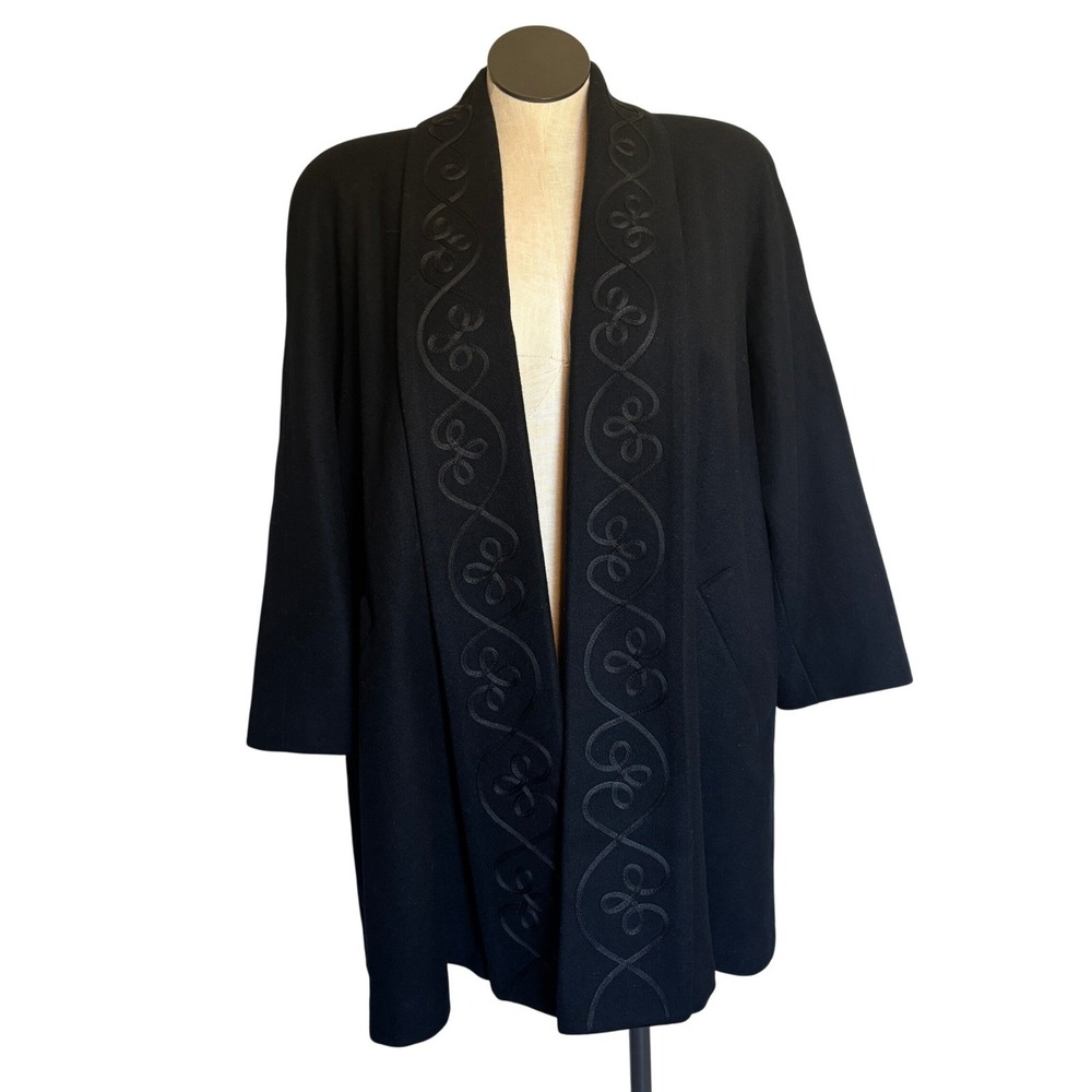 Jofeld Black Embroidered Shawl Collar Open Front 80% Wool‎ Blend Coat Women's M